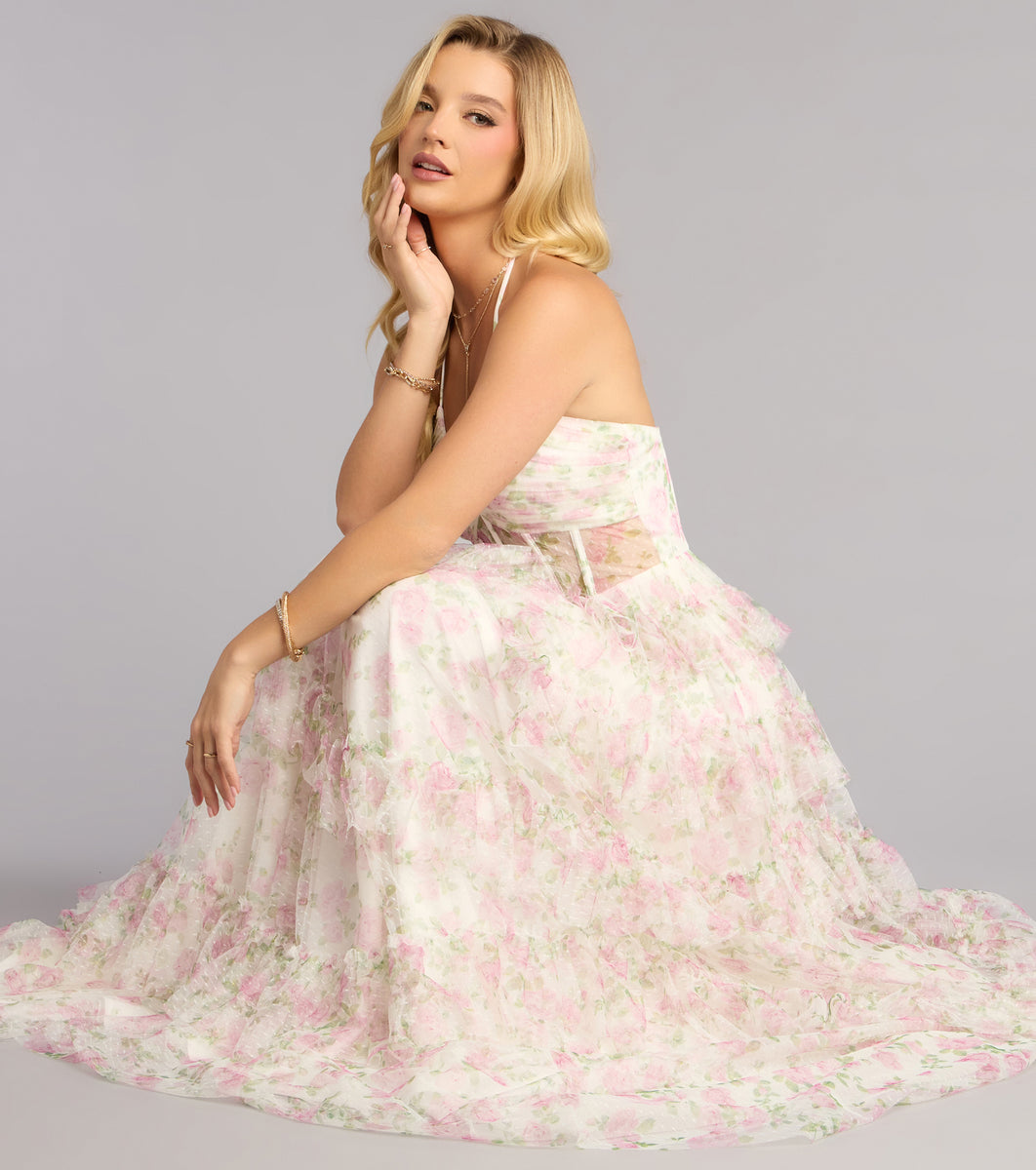 white and pink floral dress Lynn Floral Swiss Dot A-Line Ball Gown in White Print | Size: L | Mesh Fabric