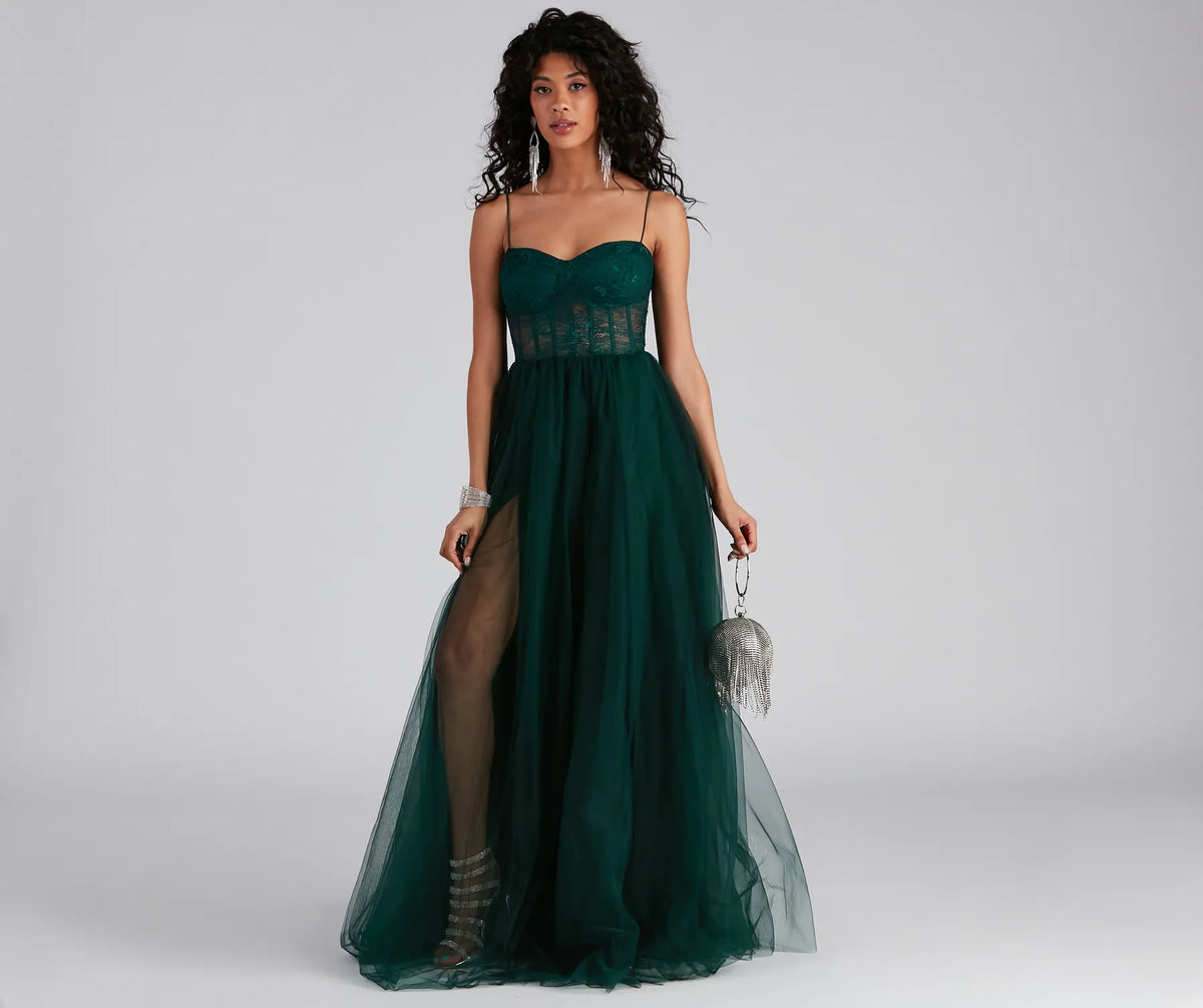 kailey formal lace up a line dress Hailey Lace-Up Slit Slim Crepe Formal Dress main image 0