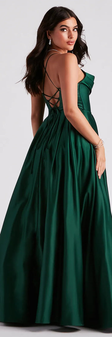 Own your moment in the Kayla Satin Cowl A-Line Ball Gownin hunter green, a standout 2025 Homecoming Dress that captures all the glam and energy of the night.