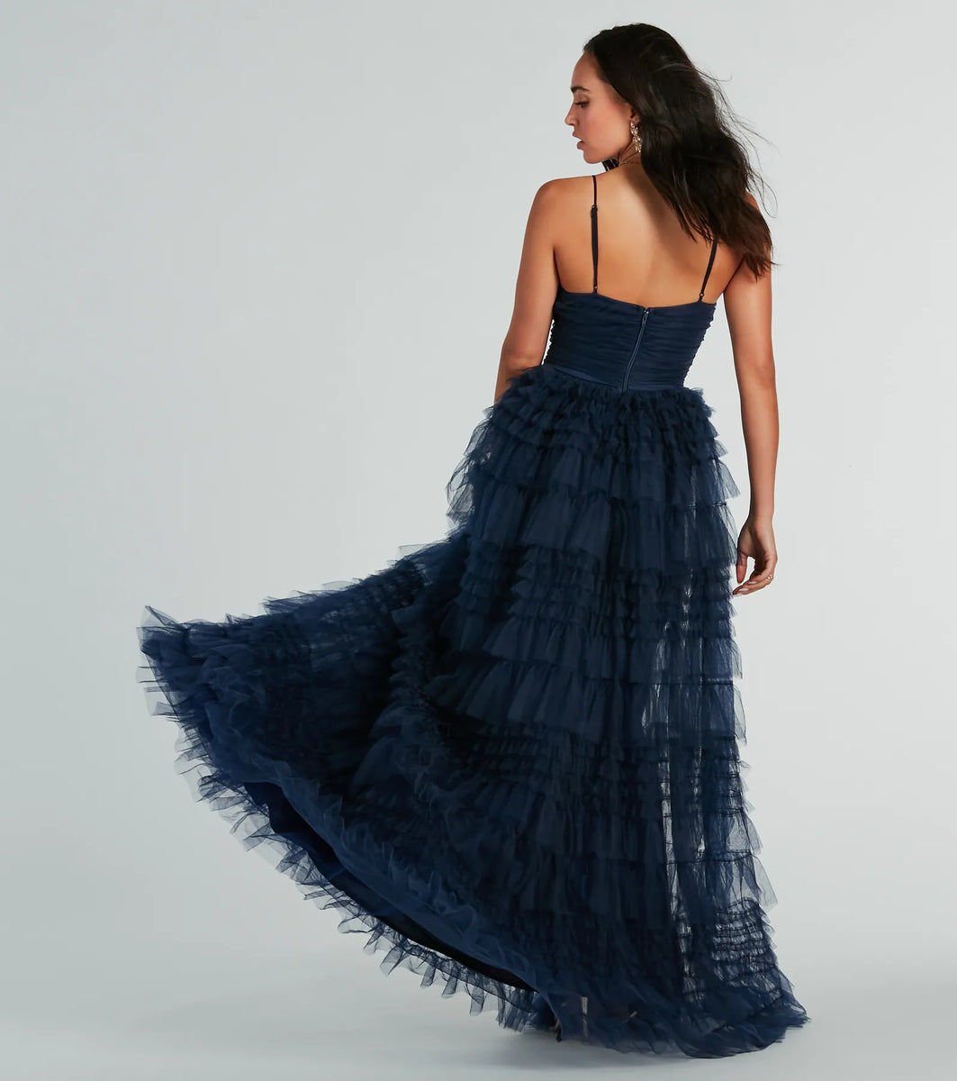 Blue Strapless Princess Tulle Layers Ruffles Long Prom Dress