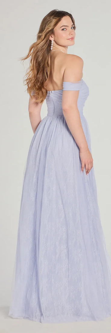Step into the Prom 2025 dance in the Raelynn Off-The-Shoulder A-Line Lace Ball Gown in periwinkle, a stunning blue prom dress designed to complement any theme with its timeless allure and statement-making style.