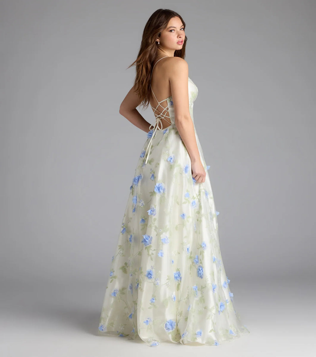 nalini floral mesh corset cocktail dress Nalini Lace-Up A-Line Floral Ball Gown