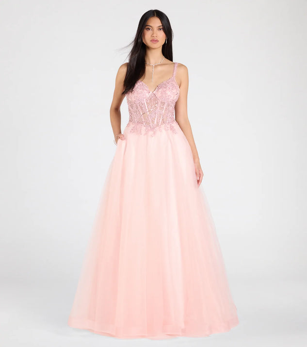 Own the spotlight in the Mae Corset Lace-Up A-Line Ball Gown, a pink formal dress crafted to deliver luxe style for summer weddings, Army Balls, or any special event.
