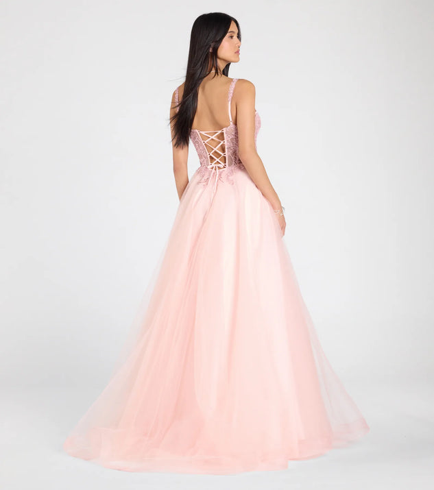 Turn heads at Prom 2025 in this pink prom dress, where statement-making details meet the iconic style of the Mae Corset Lace-Up A-Line Ball Gown.