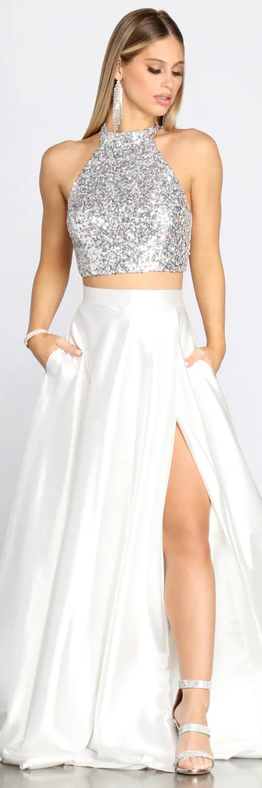 Atara Iridescent Sequin Two Piece Satin Dress