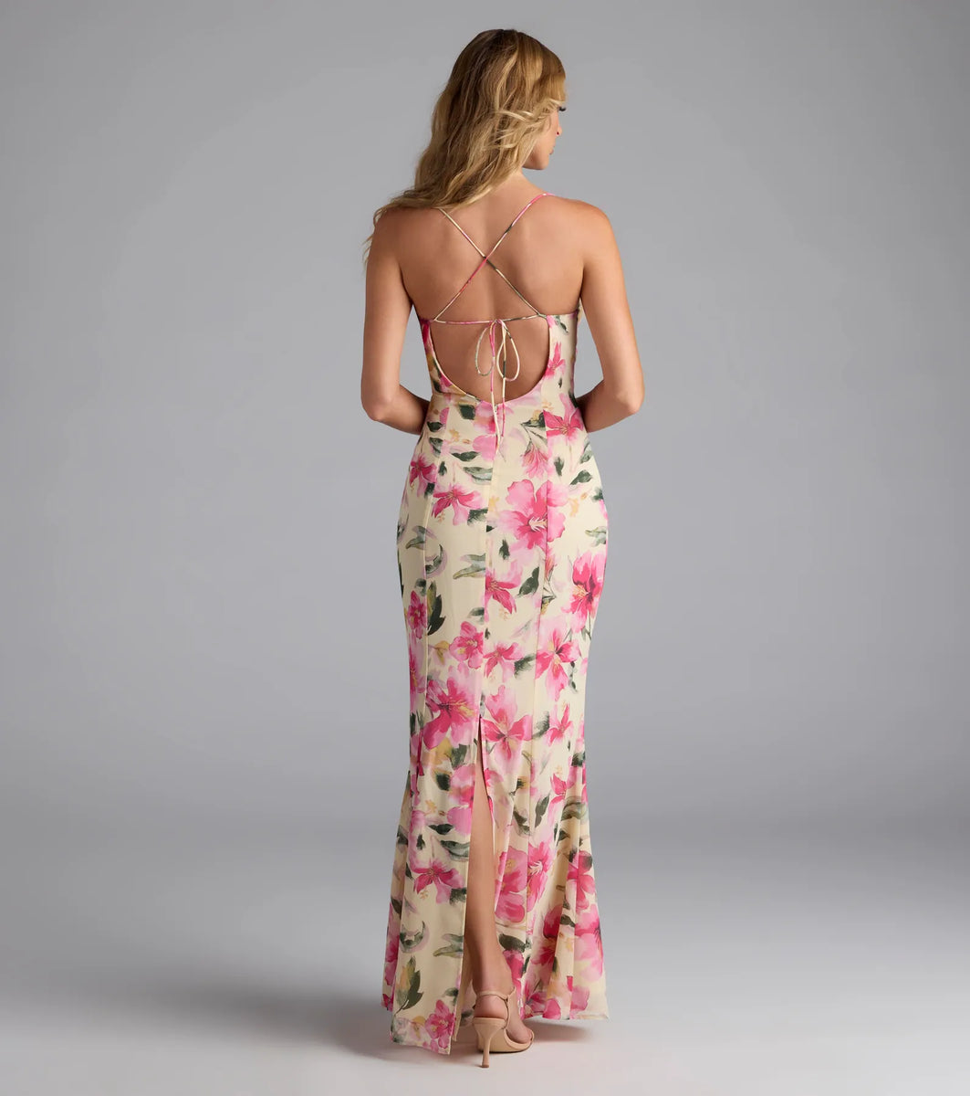 backless floral maxi dress Vacay Beauty Strappy Back Floral Maxi Dress