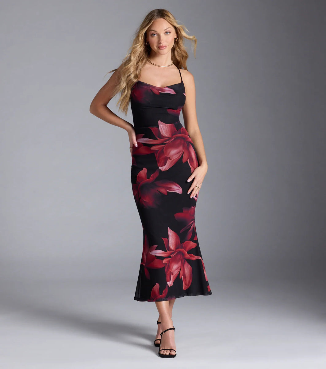 ワンピース herlipto Front Lace-up Midi Dress Lace Trimmed Floral Dress