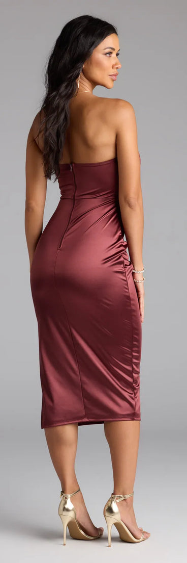 Own the evening in the Cocktail Hour Strapless Satin Slit Midi Dress in maroon, a sultry cocktail dress perfect for rooftop parties and stylish soirées.