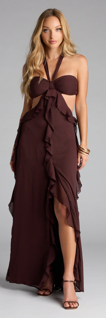 The Ruffle and Ready Chiffon Halter Maxi Dress is your new go-to Windsor dress—effortless, versatile, and made to update your fall style in seconds.