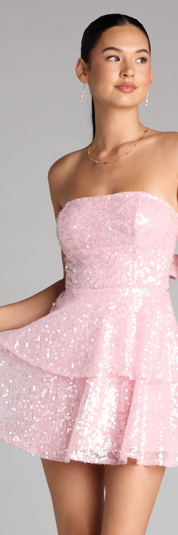 Bring a fun and feminine vibe with the Twirl Queen Vibes Sequin Skater Dress, a scroll-stopping style from Windsor's pink homecoming dress collection that brings playful charm to every HOCO moment.
