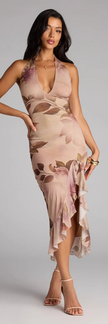 The Crush Worthy Floral Mesh Halter Midi Dress is your new go-to natural dress—effortless, versatile, and made to update your fall style in seconds.