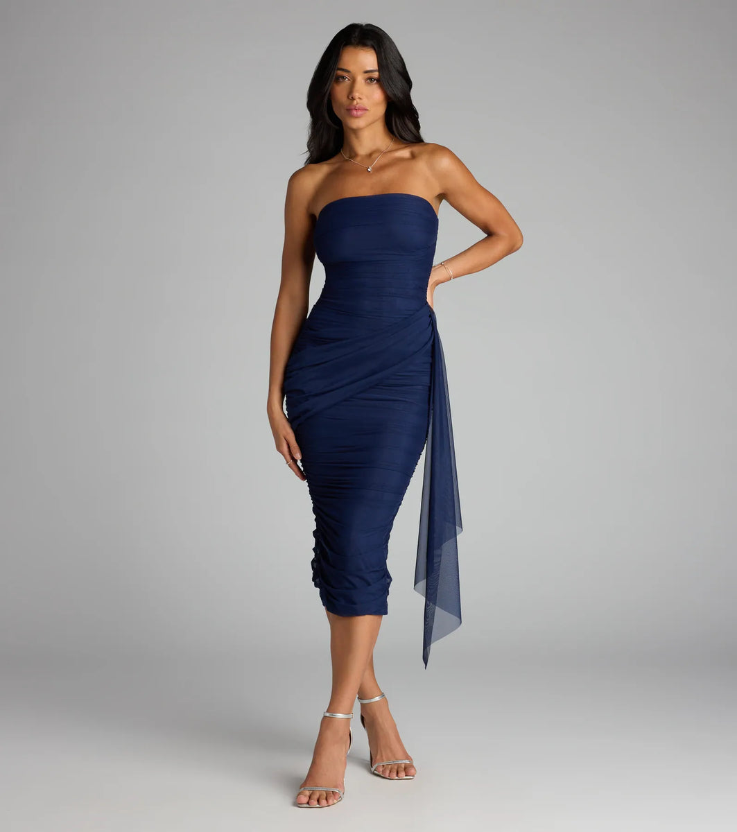 windsor midi dress Own The Room Strapless Mesh Scoop Neck Royal Blue Height:36