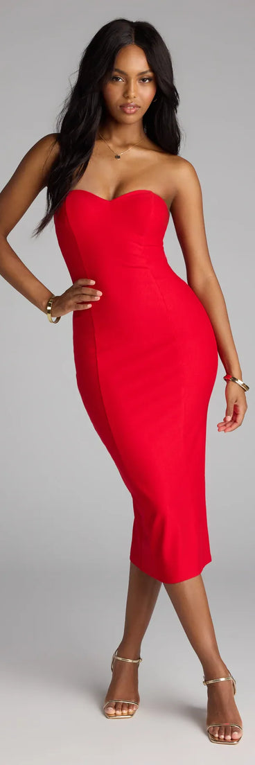 The Serving Chic Vibes Strapless Bodycon Midi Dress is your new go-to red dress—effortless, versatile, and made to update your fall style in seconds.