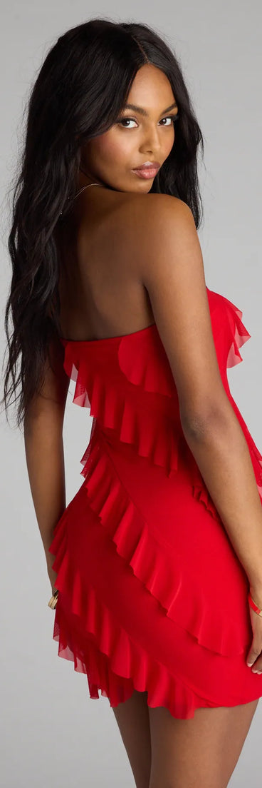 Feel ready for every dance floor moment or feed-worthy reel in the Spice It Up Ruffle Mini Tube Dress, a red homecoming dress designed to own your moment.