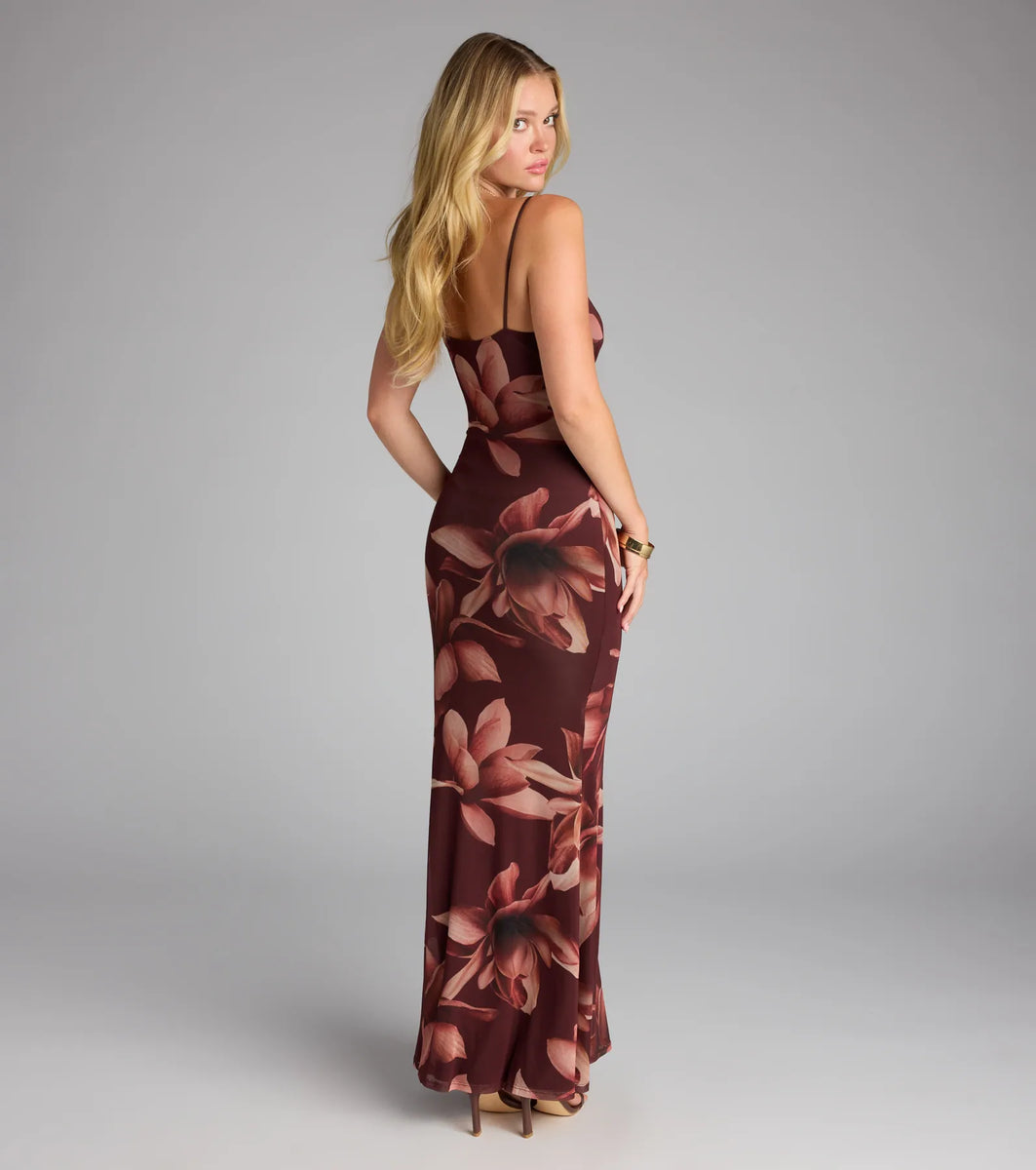 burgundy floral print mesh short sleeve maxi dress Sweet Talk Floral Mesh Maxi Dress