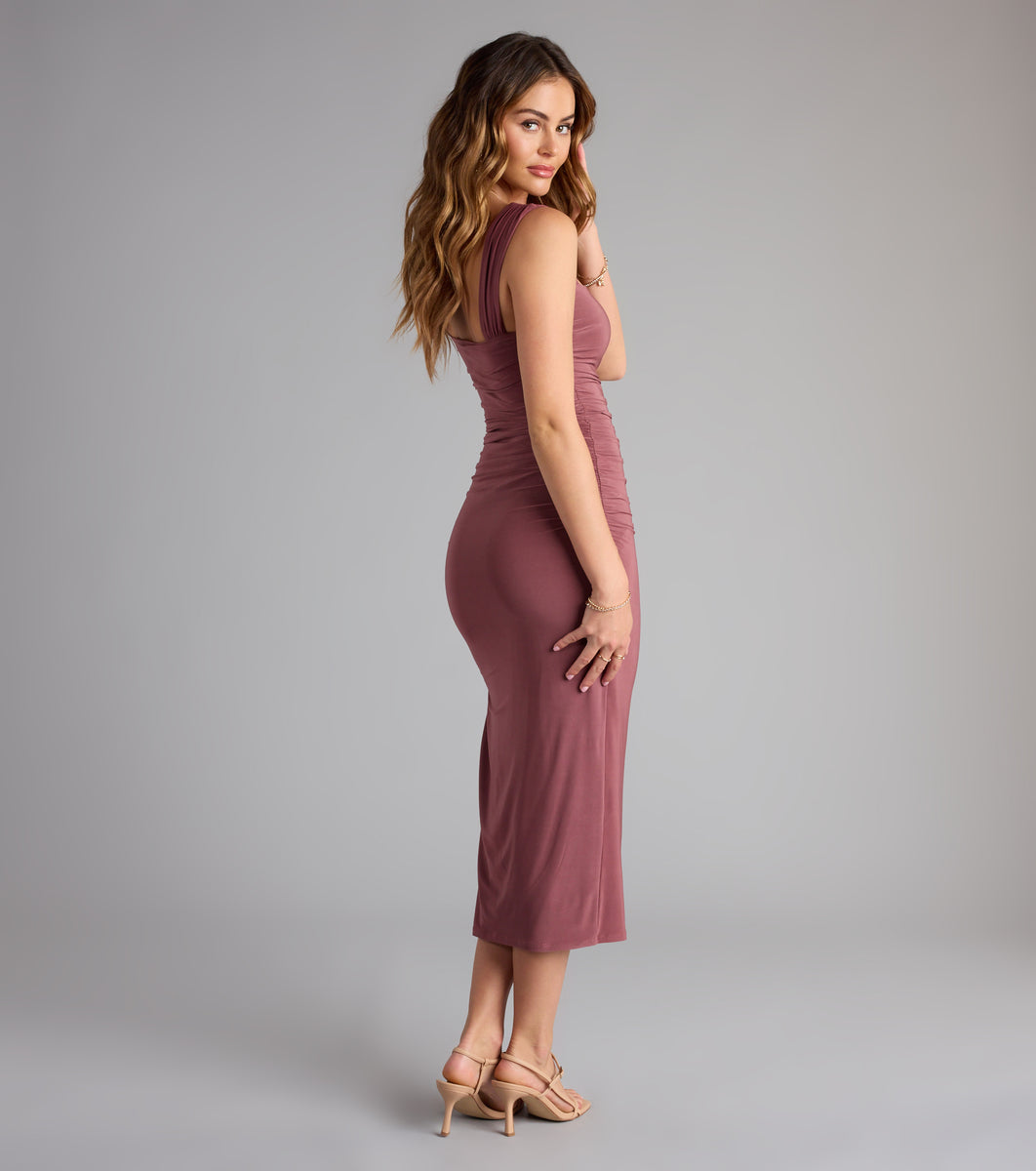 ワンピース [FRECKLE] sleeveless gray midi dress Metallic Ruffle One Shoulder A Line Dress – Camille La Vie