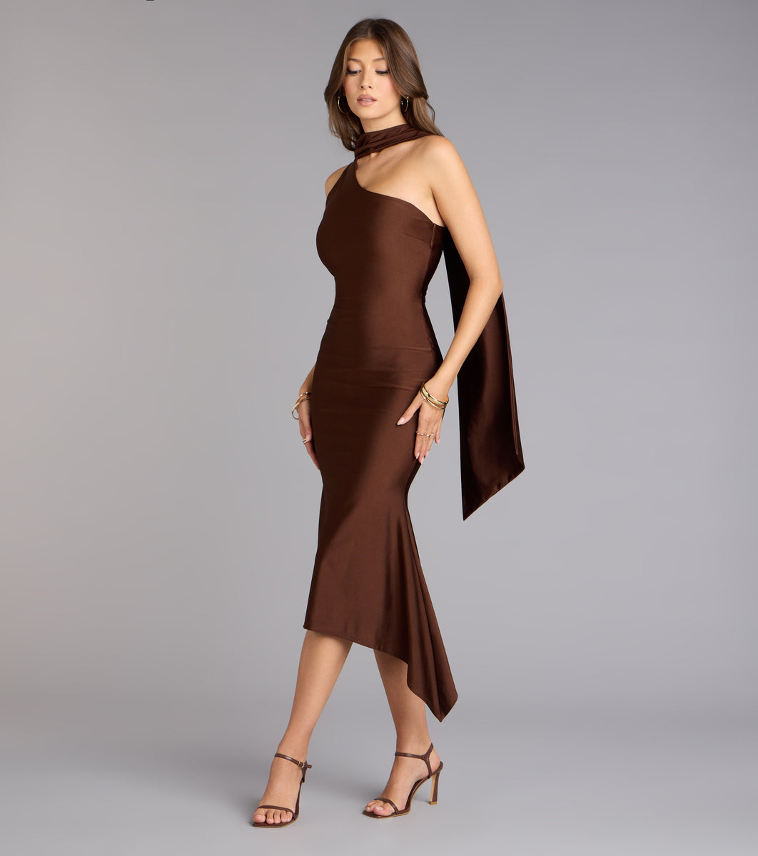 Street Strut Satin Midi Dress With Scarf | Windsor