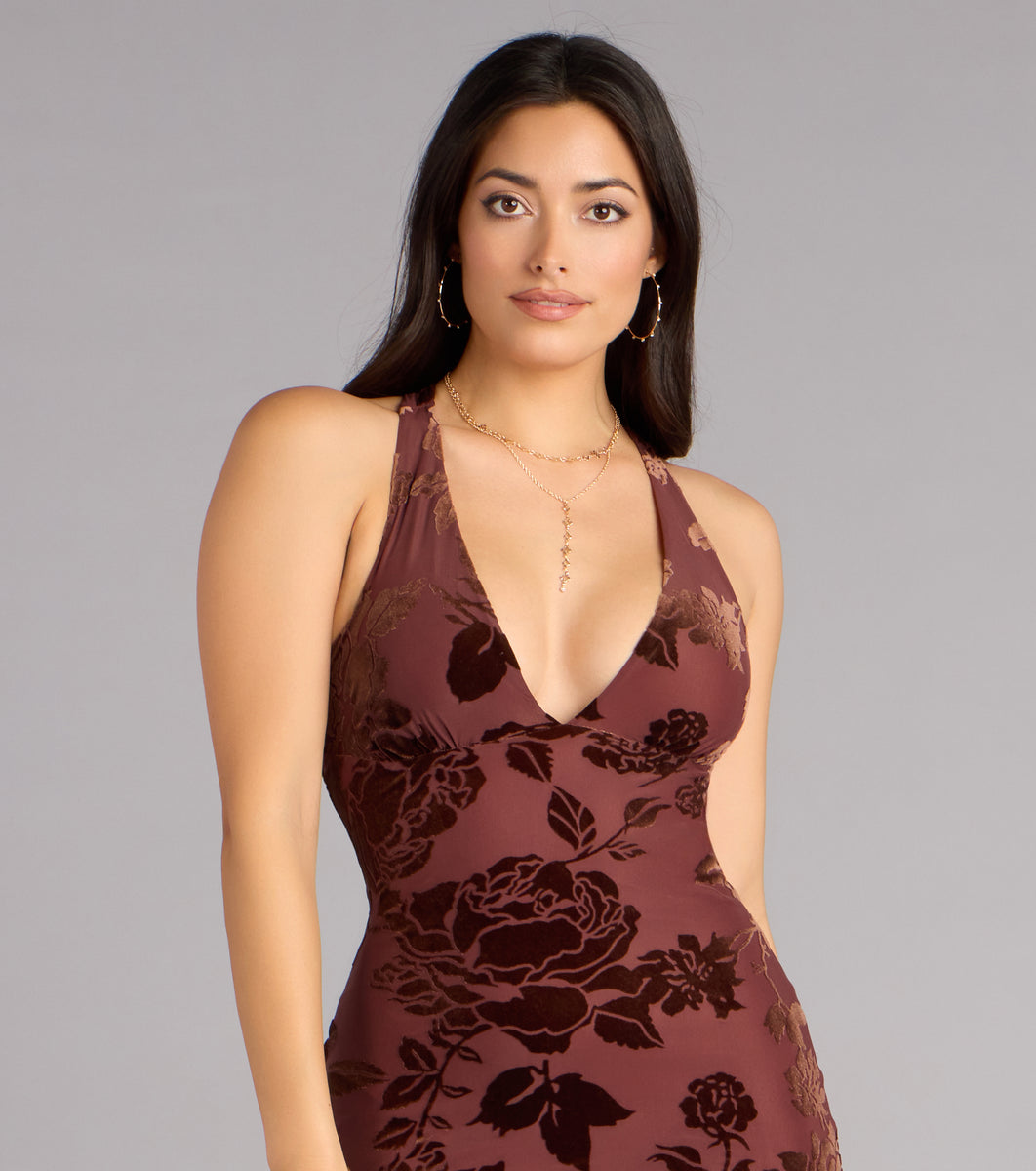Windsor Petal Imprint Floral Bodycon Midi Dress in Brown