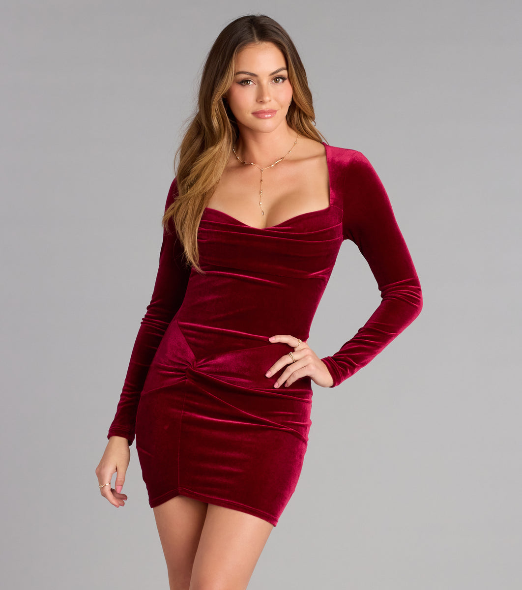 knee length dresses for ladies Women's Desirable Looks Keyhole Velvet Mini Dress in Burgundy main image 0