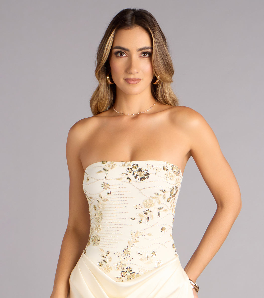 Satin Glow Strapless Beaded Midi Dress | Windsor Satin Glow Strapless Beaded Midi Dress | Windsor
