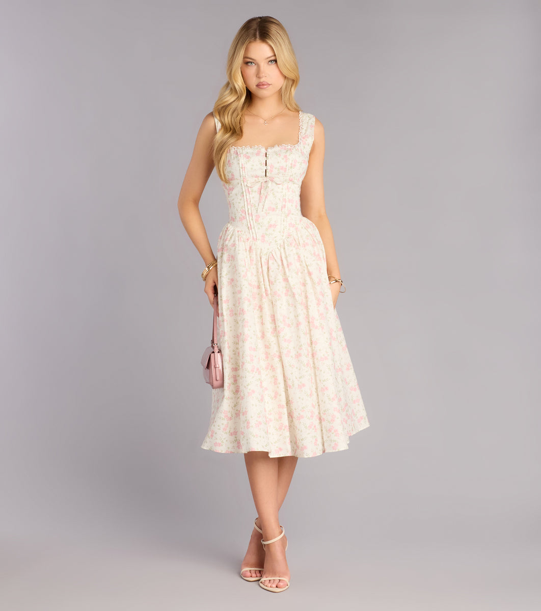 Garden Party Plans Floral Lace-Up Midi Dress