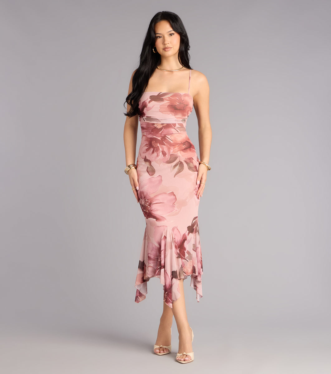 Sweet Flirt Floral Mesh Ruffle Midi Dress Sweet Flirt Floral Mesh Ruffle Midi Dress
