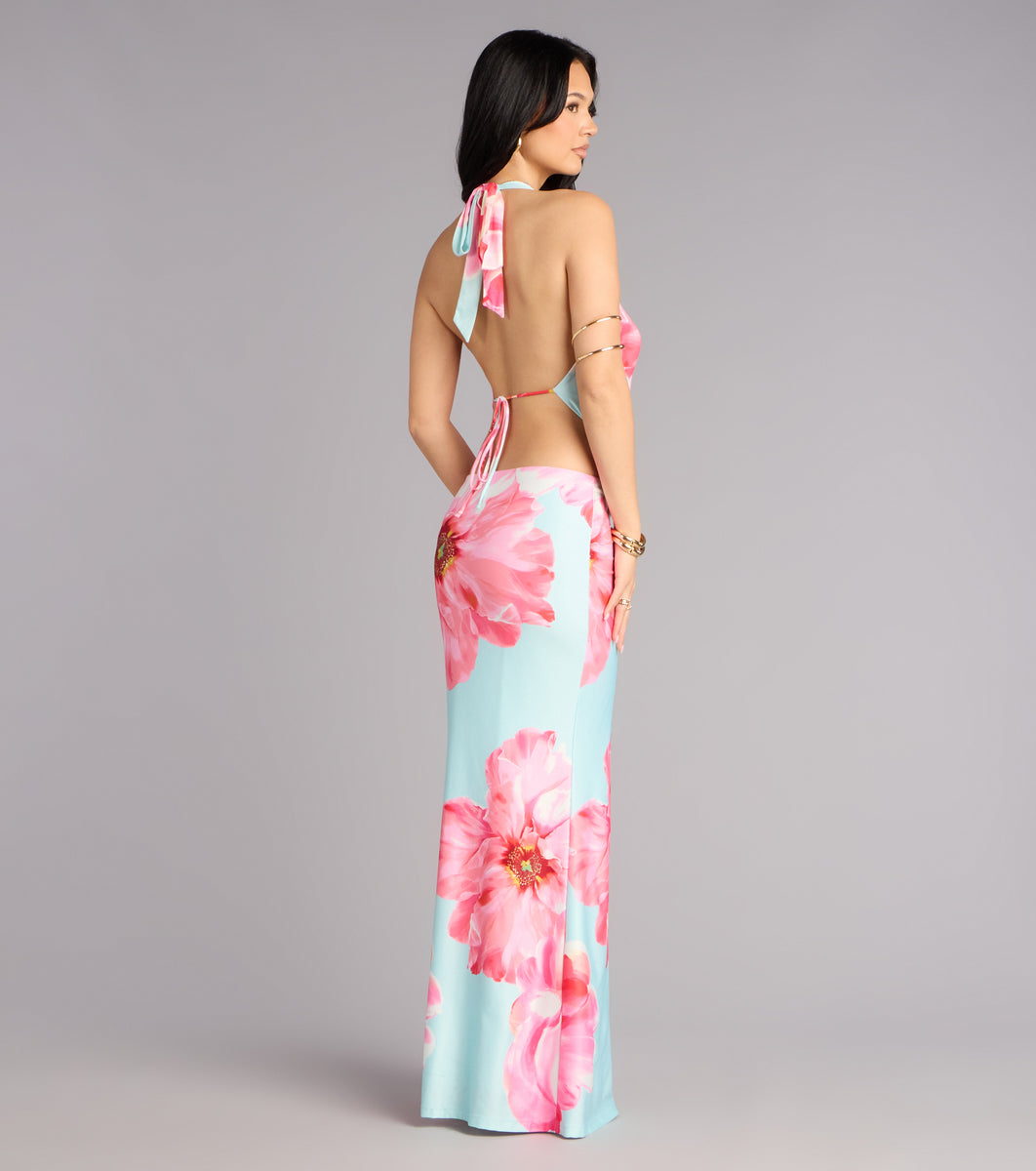Bold Confidence Floral Print Cowl Neck Maxi Dress in Light Blue | Size: L