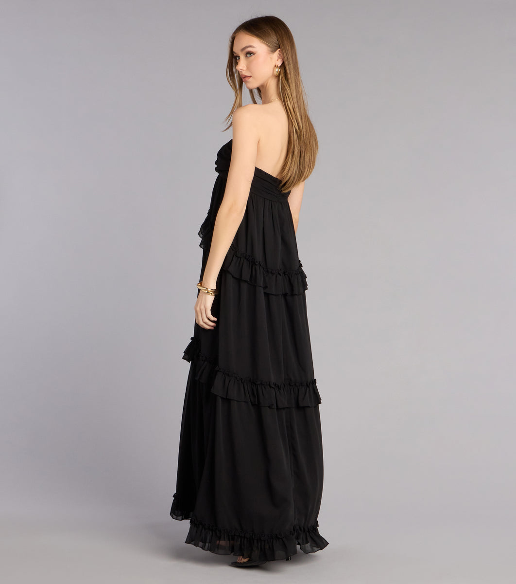Soft Drama Chiffon Ruffle A-Line Maxi Dress in Black | Size: M