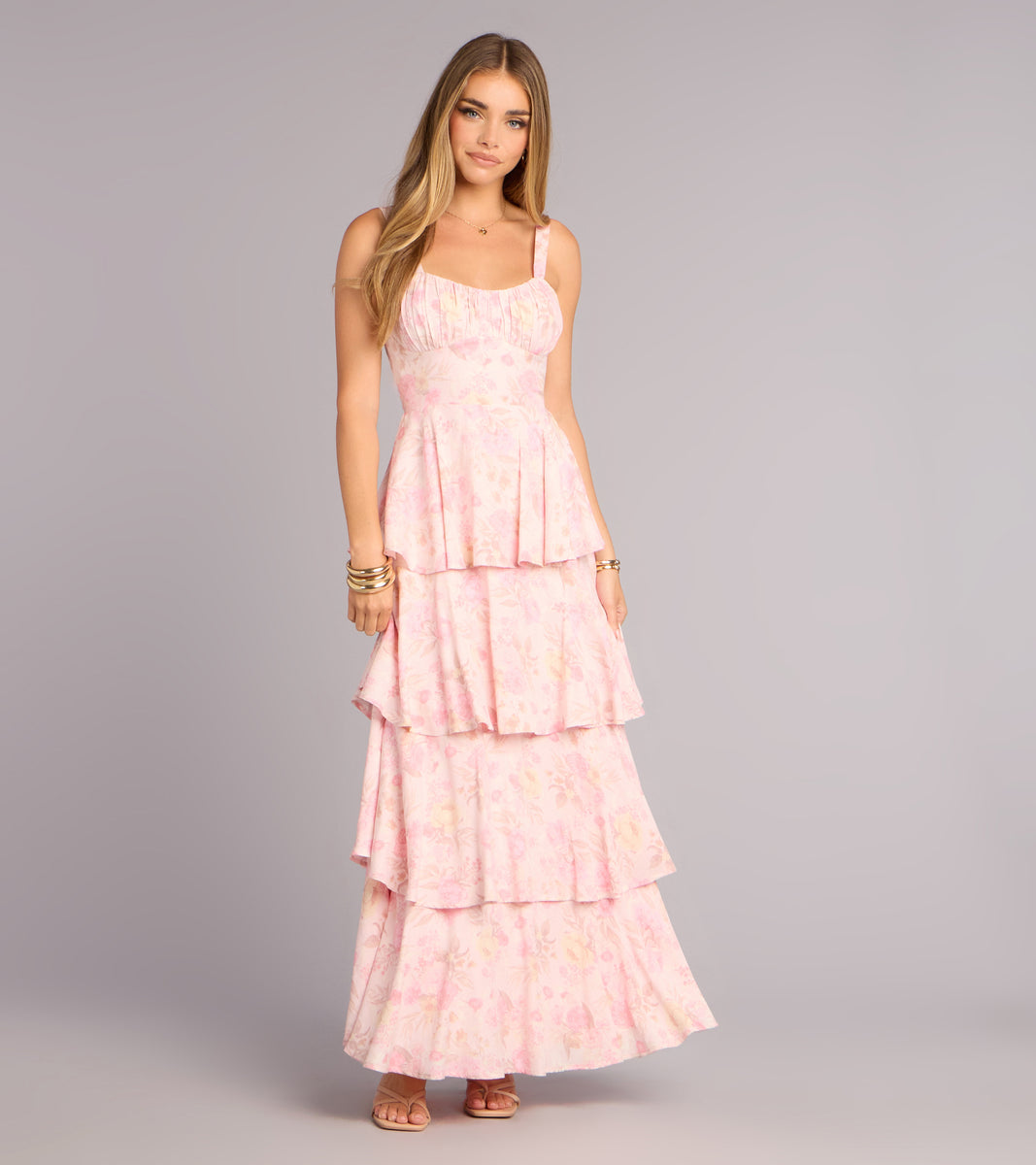 drama ruffle tiered maxi dress Pretty Agenda Floral Woven Ruffle Maxi Dress
