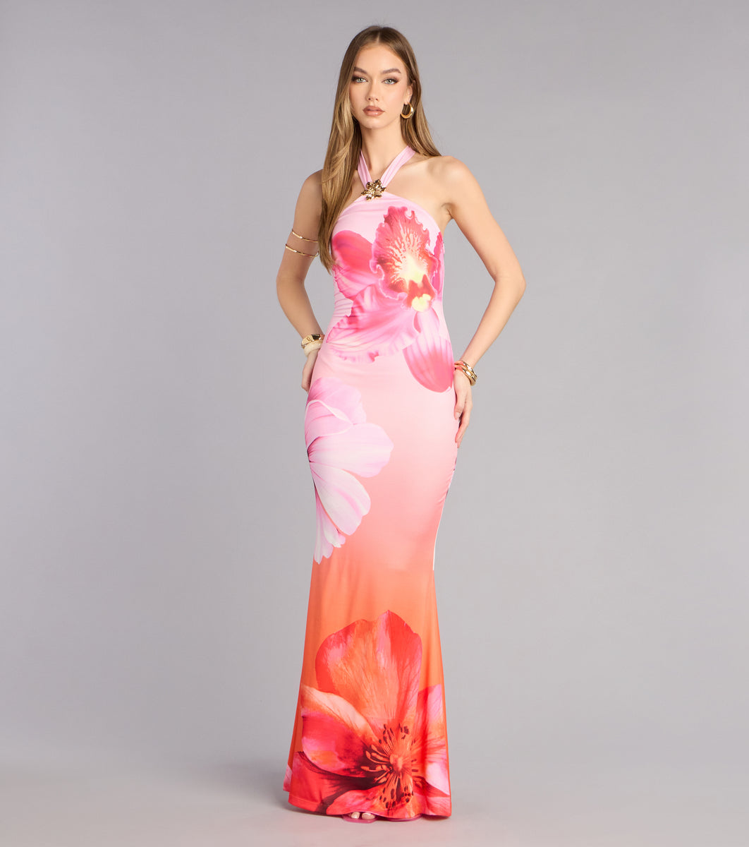 Bloom Agenda Floral Mesh Halter Maxi Dress | Windsor
