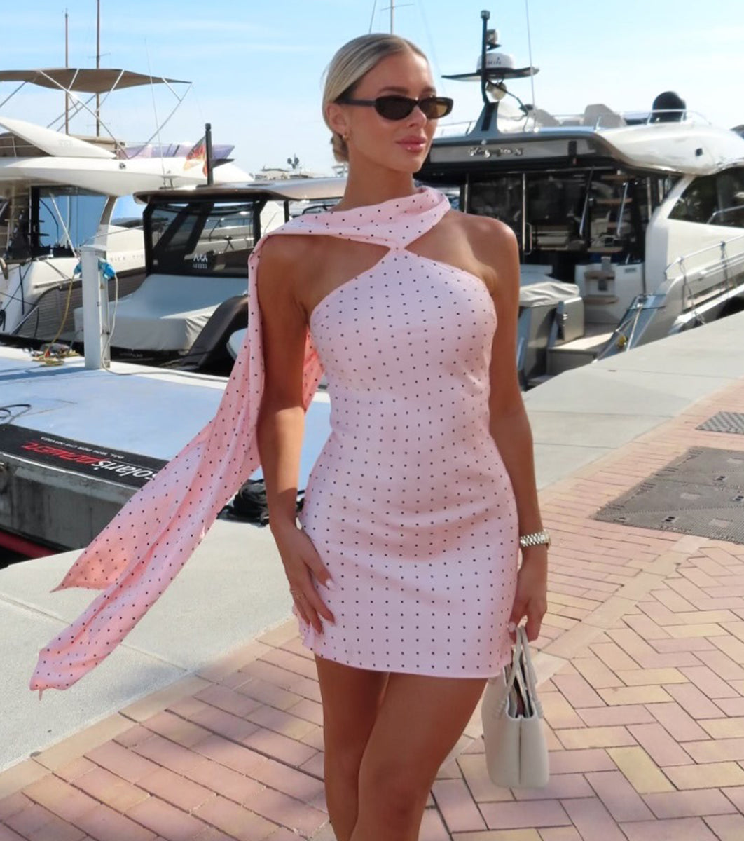 pink satin polka dot dress PrettyLittleThing Women's Polka Dot Satin Plunge Extreme Frill Hem Maxi Dress in Pink