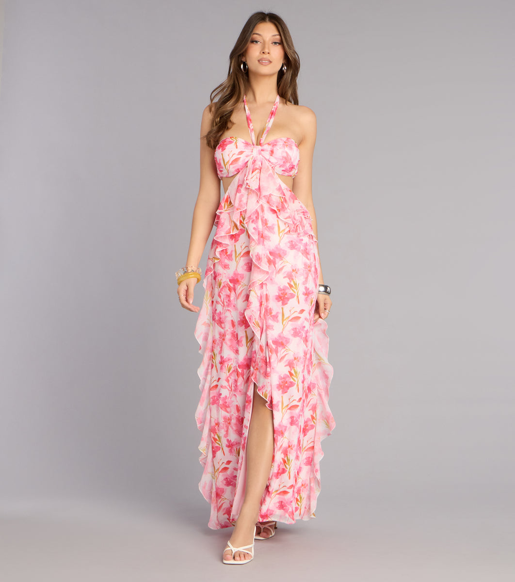chiffon cutout ruffle maxi dress in pink Double Take Floral Chiffon Ruffle Maxi Dress in Pink | Size: L | Chiffon/Knit Fabric