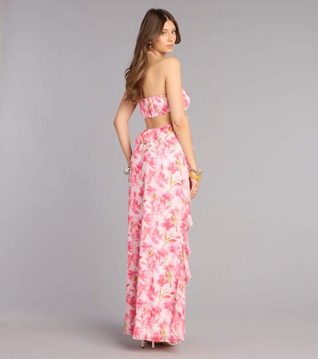 Floral Hot Pink Chiffon Maxi Dress Double Take Floral Chiffon Ruffle Maxi Dress In Pink Size: Floral Hot Pink Chiffon Maxi Dress Double Take Floral Chiffon Ruffle Maxi Dress In Pink Size: