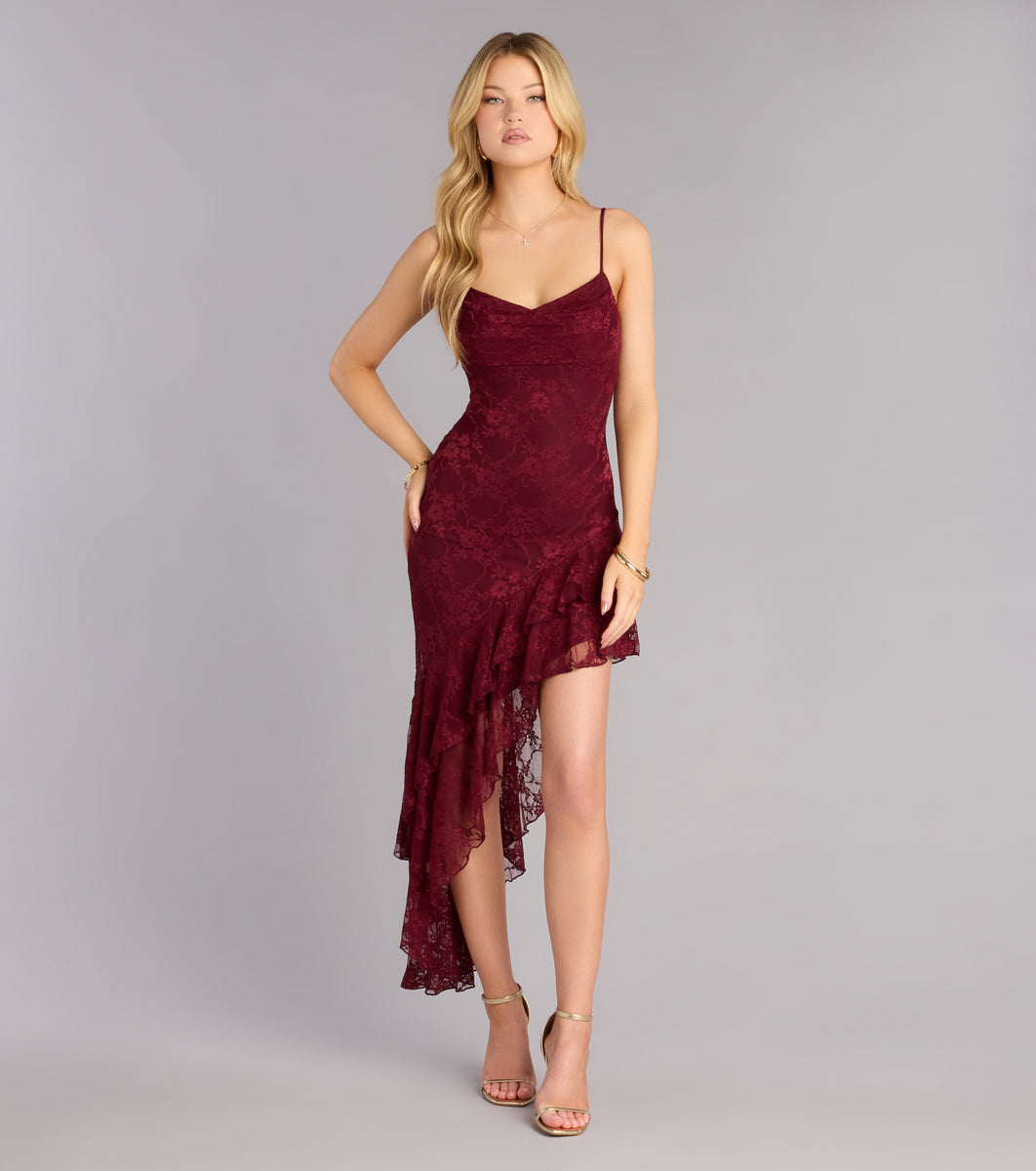 RSVP Ready Lace Asymmetric Ruffle Midi Dress | Windsor RSVP Ready Lace Asymmetric Ruffle Midi Dress | Windsor