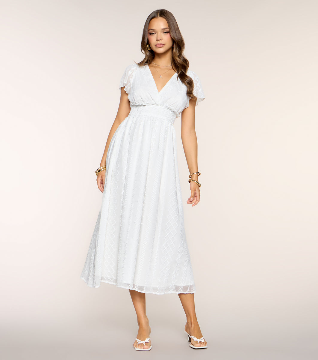 flutter sleeve midi dress wedding guest Garden Kisses Flutter Sleeve Midi Dress in White | Size: L | Chiffon