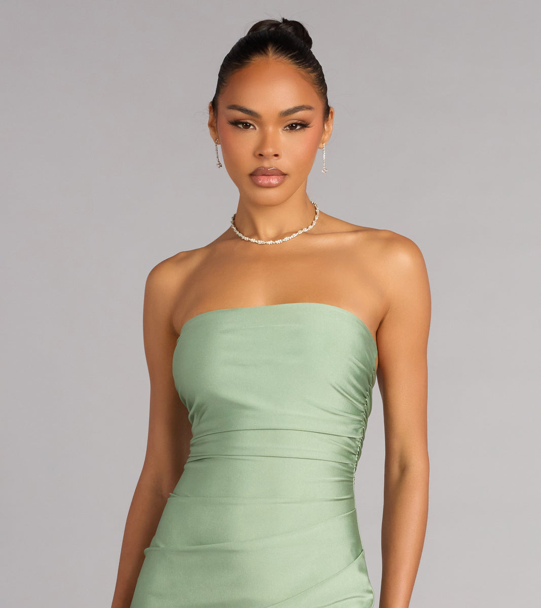 green tube top dress Effortless Poise Midi 1940s Long Sleeve Gown Ropa Strapless Paneled design Back color:Asparagus