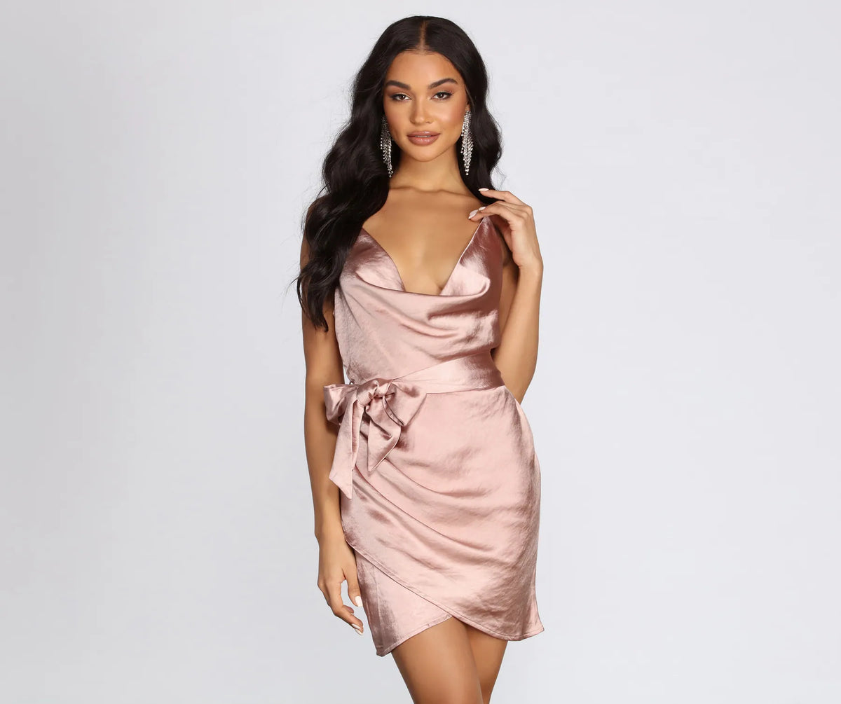 satin mini dress windsor Stella Satin Mini Dress with Side Sash in Ivory | Size: S | Satin Fabric