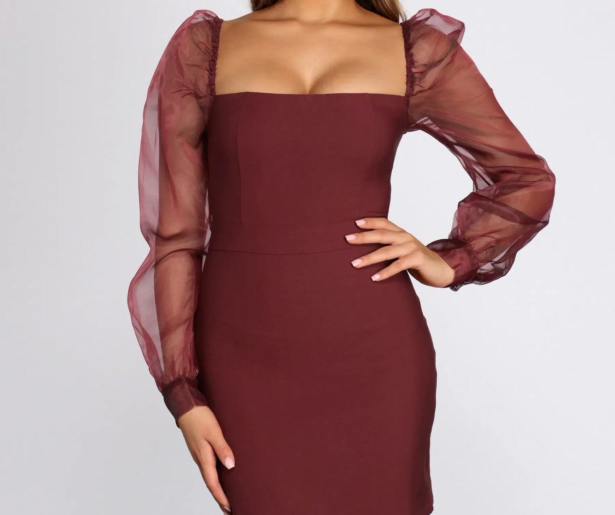 square neck puff sleeve organza dress Square Neck Puff Sleeve Tie Back Organza Dress