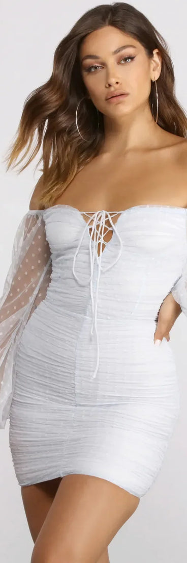 Off The Shoulder Ruched Dotted Mini Dress