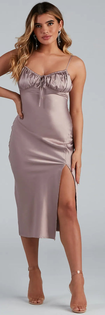 Rare Find Satin Ruched Slip Midi Dress