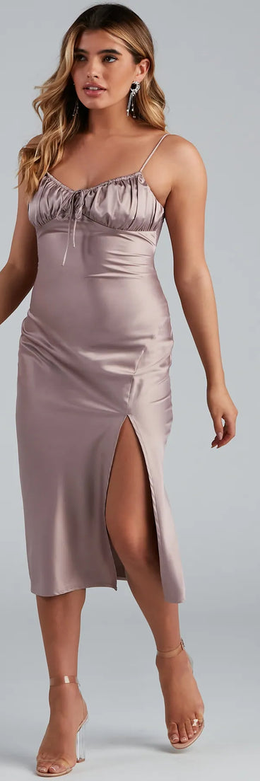 Rare Find Satin Ruched Slip Midi Dress