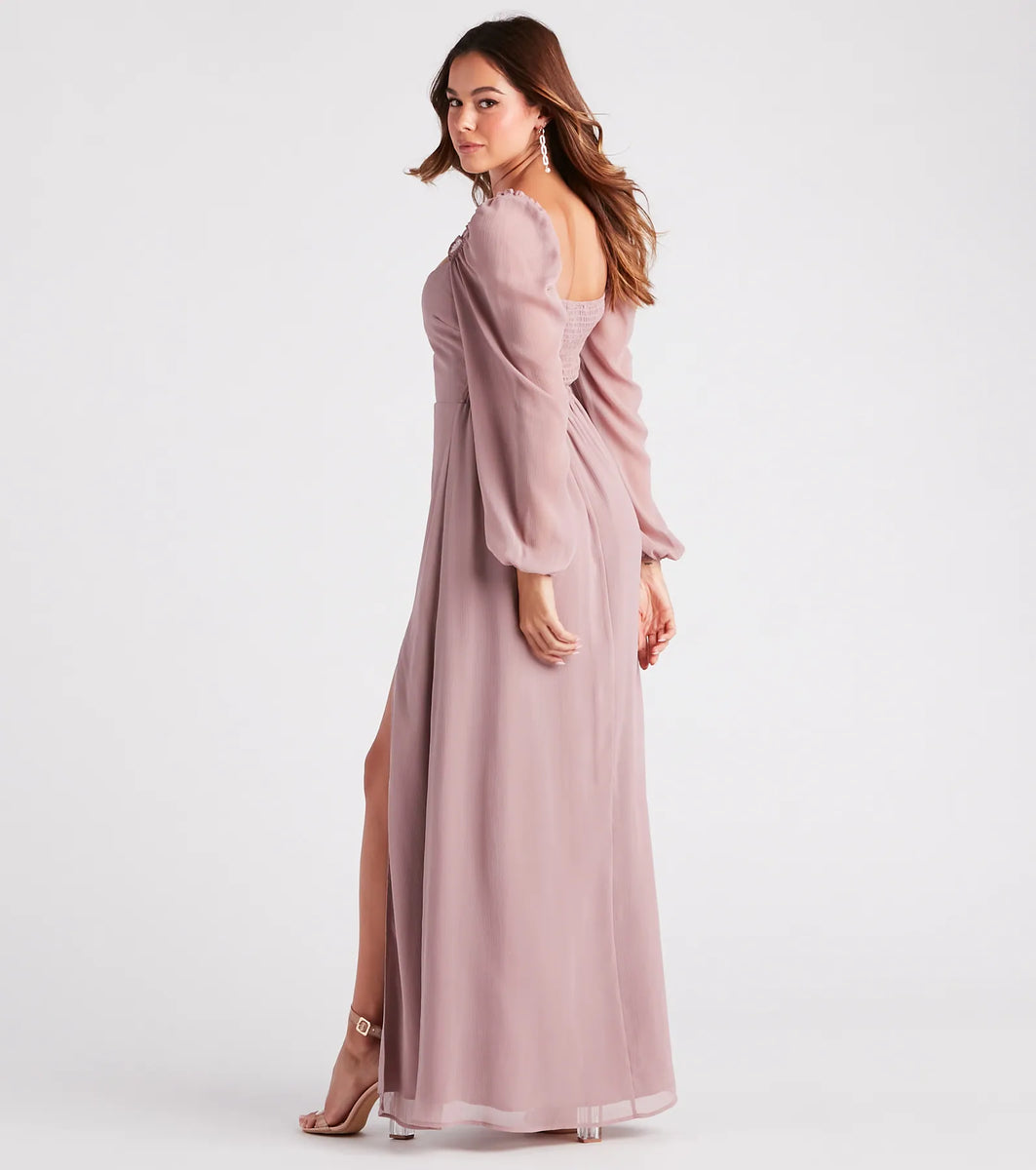 Blush Chiffon Maxi Dress with Square Neck and Sheer Sleeves