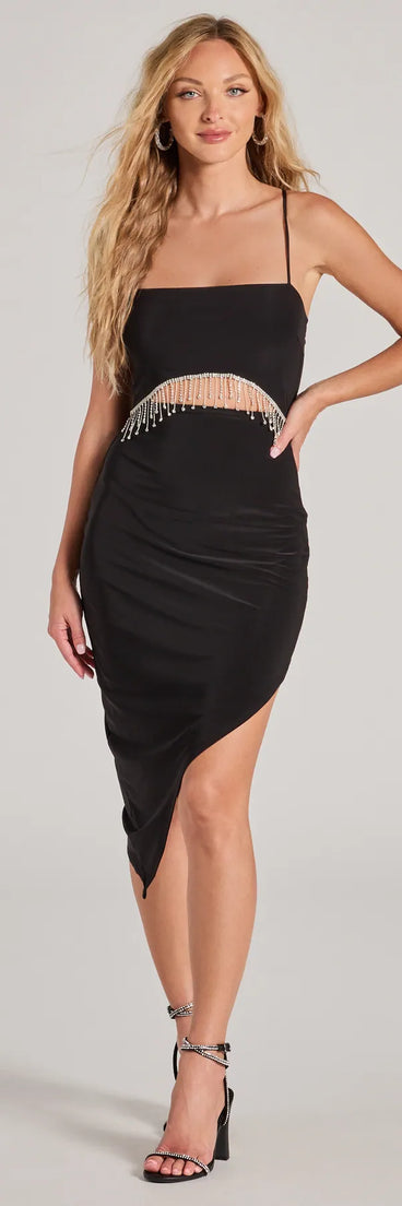 Oh-So-Glam Rhinestone Fringe Cutout Midi Dress