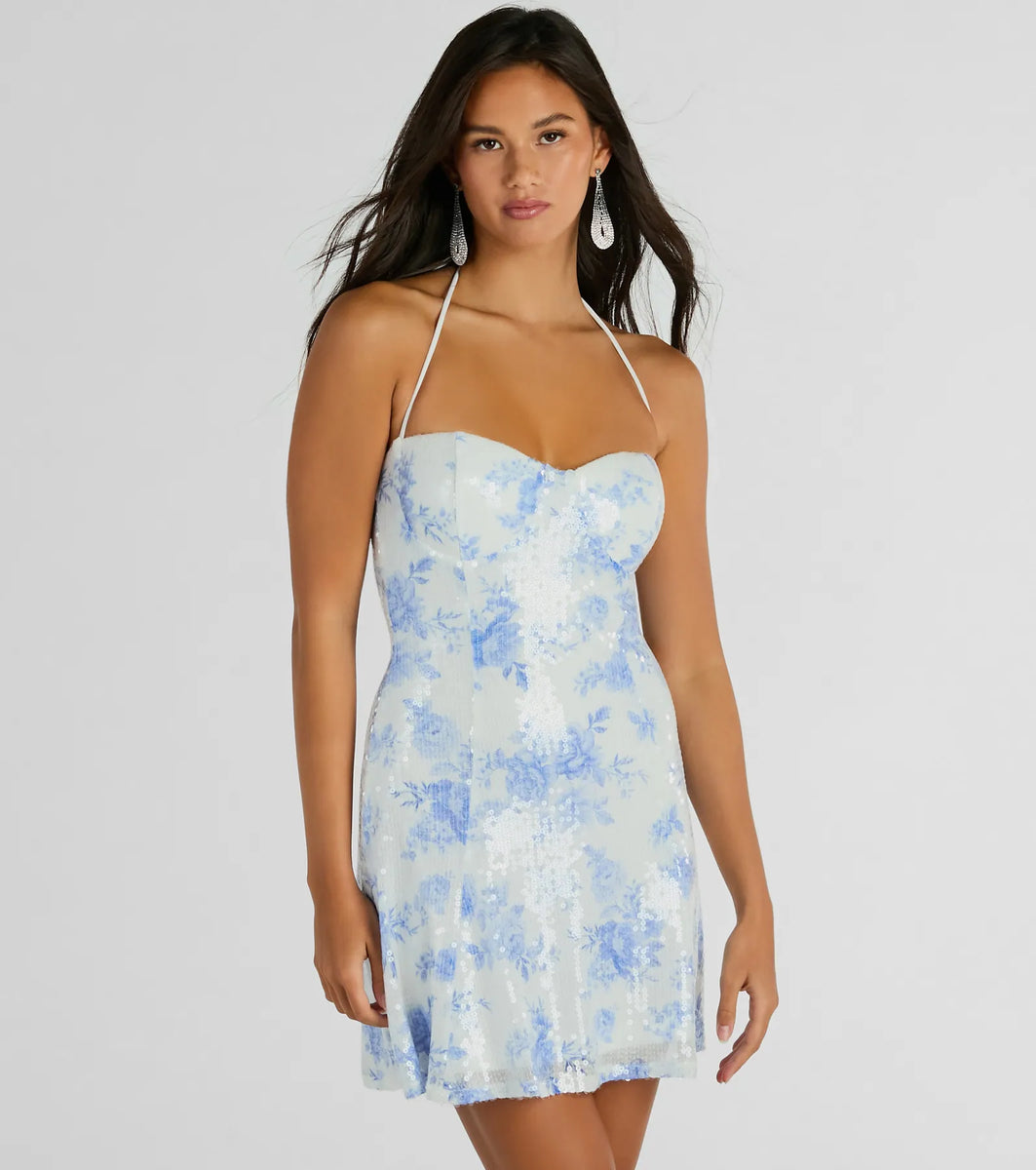 Windsor Floral Sequin Dress Sparkly Excellence Floral Sequin Mini A-Line Dress Windsor Windsor Floral Sequin Dress Sparkly Excellence Floral Sequin Mini A-Line Dress Windsor