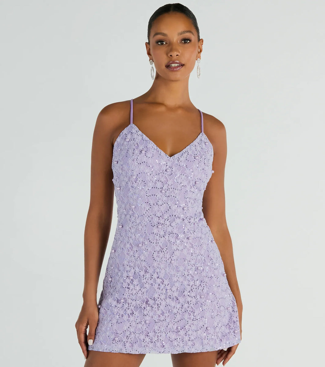 Trend4us Luxe Pearl 3D Floral Sheer Lace Mini Dress