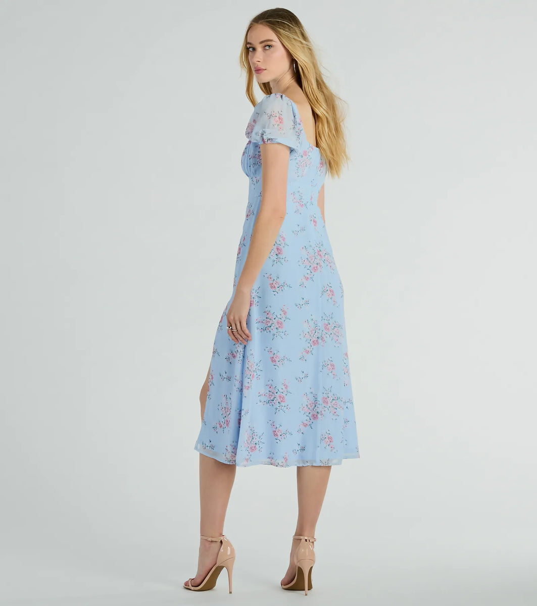 ＊韓国＊［VINVLE］Puff Midi One-piece 3color Forever Beauty Puff Sleeve Floral Chiffon Midi Dress | Windsor