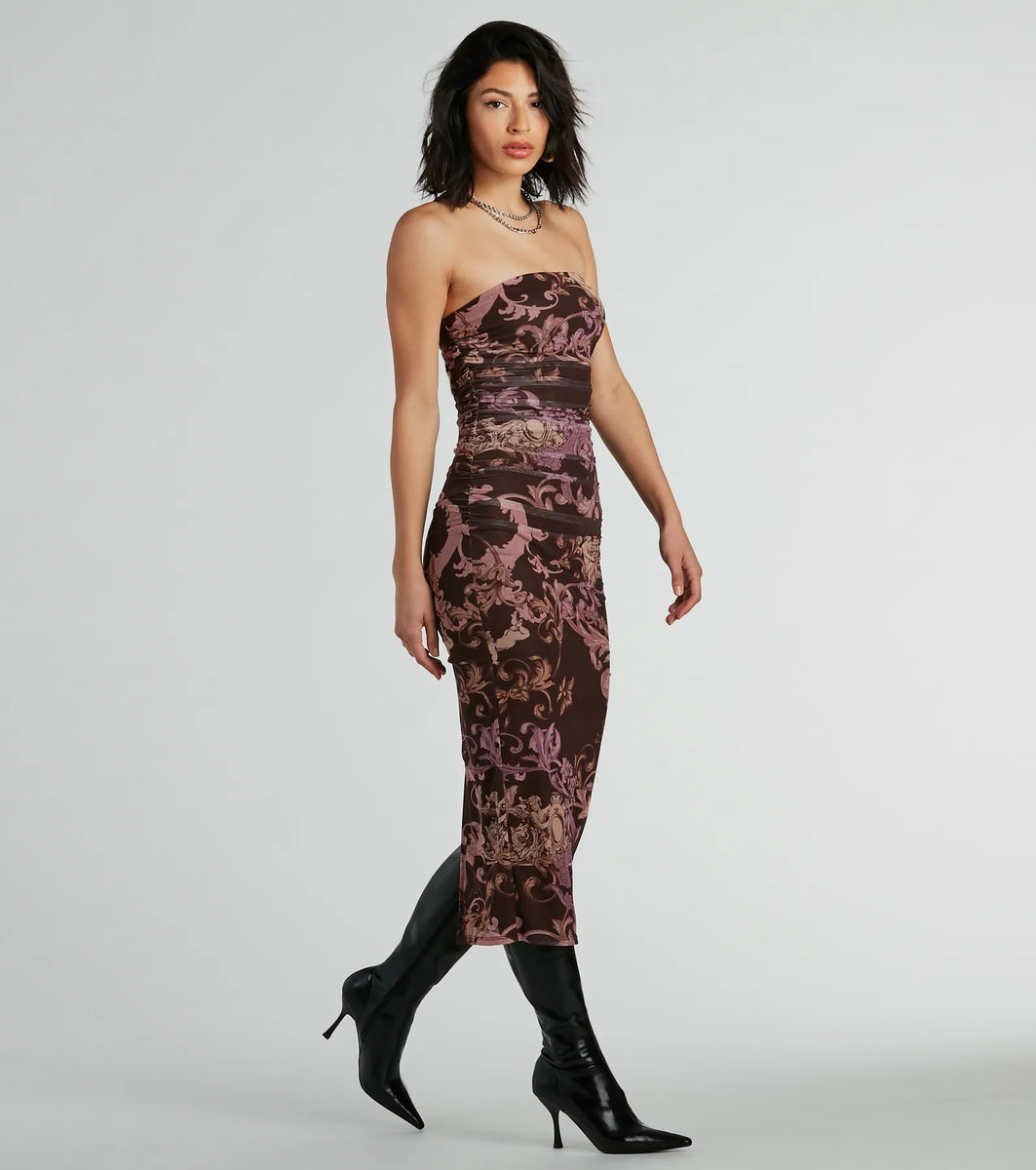 Angelic Beauty Strapless Printed Mesh Midi Dress | Windsor