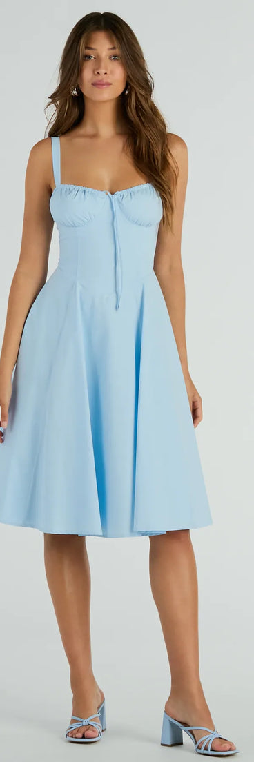 Feel confident and photo-ready in the Picturesque Cutie Corset Lace-Up A-Line Midi Dress, a blue graduation dress perfect for 2025 ceremonies and parties.
