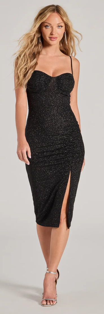 Celebrate in style with the Wine And Dine Glitter Knit Midi Dress, a black formal wedding guest dress featuring an elegant silhouette and luxe details, perfect for a black-tie celebration.