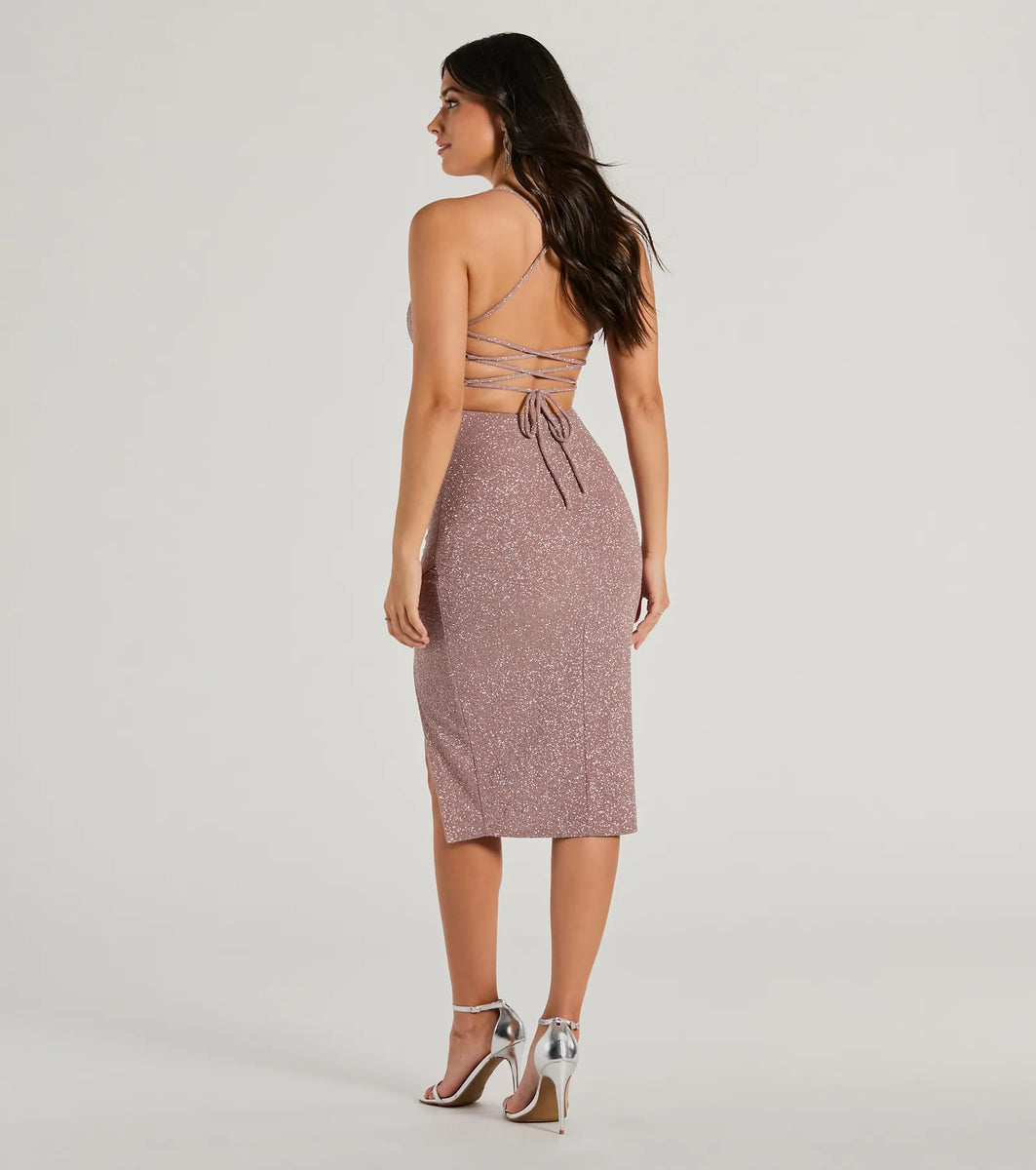 Glam Upgrade Lace-Up Bodycon Glitter Midi Dress | Windsor